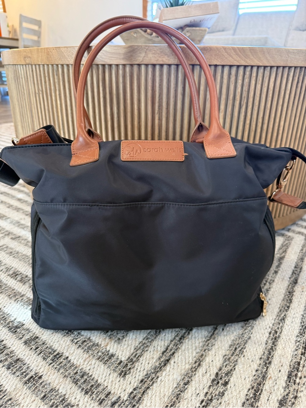 Sarah Wells Black Nylon Tote with Brown Leather Trim